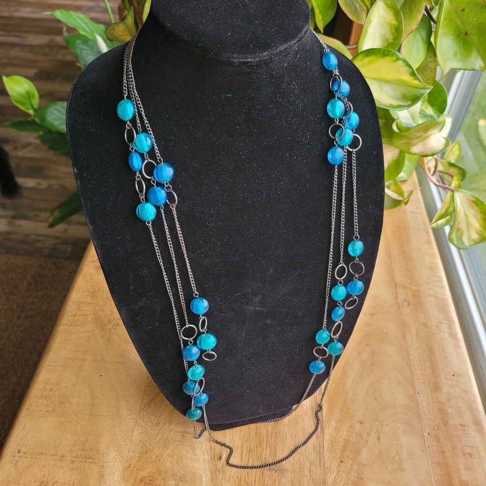 Teal Turquoise Glass Beaded Long Necklace Multi Strand Silver Tone Chain Jewelry
